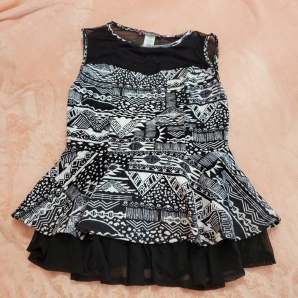 Ooh la la black mesh peplum aztec pattern top